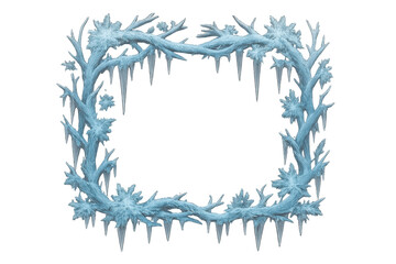 Ice branches frame forming square border with icicles and frost on transparent background for winter design