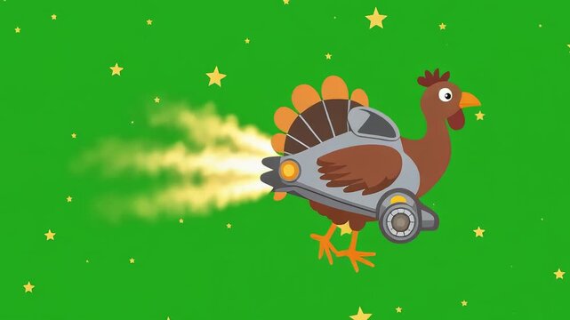 A cartoon turkey with a silver jetpack and wheels flies across a green starry background, leaving a trail of yellow exhaust.