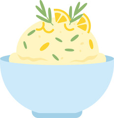 Simple Flat Illustration of Lemon Rosemary Mashed Potato in Blue Bowl
