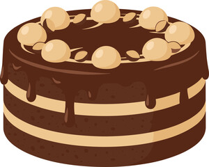 Simple Flat Illustration of Delicious Chocolate Layered Cake with Toppings