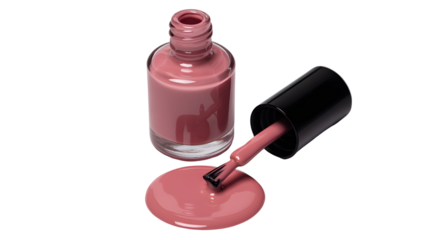 Elegant dusty rose nail polish bottle with applicator brush and spilled polish, perfect for beauty and fashion campaigns