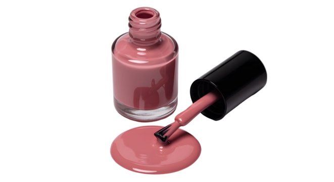 Elegant dusty rose nail polish bottle with applicator brush and spilled polish, perfect for beauty and fashion campaigns