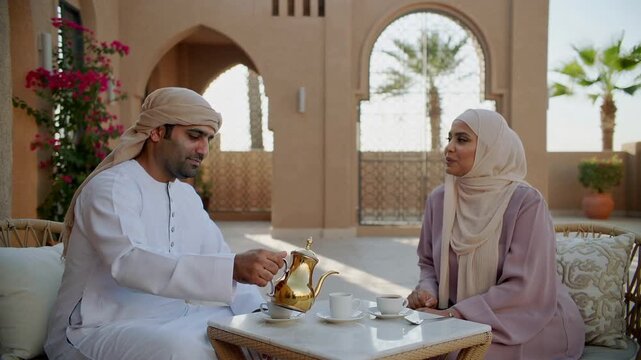 Emirati man serving traditional Arabic coffee to his wife on a luxury hotel terrace in Dubai