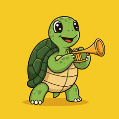 Cute green cartoon turtle mascot playing a trumpet instrument over a vibrant yellow background.