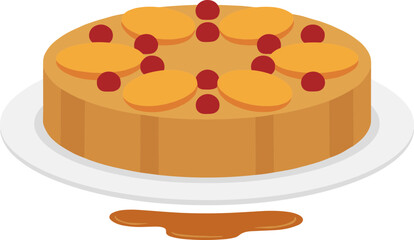 Flat Style Delicious Peach and Cherry Topped Cake Dessert Illustration