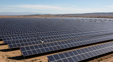 A vast array of solar panels in a desert landscape, with a clear blue sky in the background.