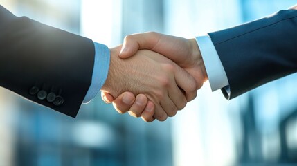 Corporate handshake between manager and client showing trust and agreement. Bright daylight. Minimalist office background.