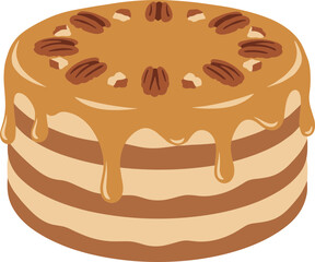 Flat Illustration Layered Pecan Cake with Caramel Drizzle and Nuts Dessert