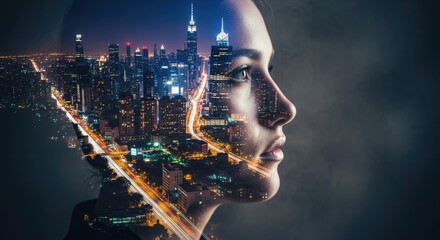 Woman's face with city skyline reflection, urban lifestyle concept.