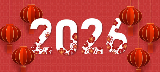 Chinese New Year 2026 celebration with flowers and lanterns. Vector illustration