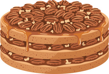 Flat Design Layered Pecan Caramel Cake with Topping and Drizzle Dessert