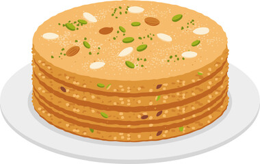 Detailed Illustration of Sohan Halwa Dessert with Toppings and Plate