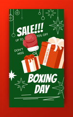 Boxing day sale vector banner template. Cute holiday vertical design. Bright color graphic poster layout. Big red glove, wrapped gift boxes with ribbon icons. Winter discounts ads. Social media story