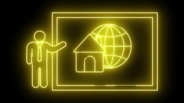 A neon yellow presentation display featuring a speaker house and globe against a black backdrop
