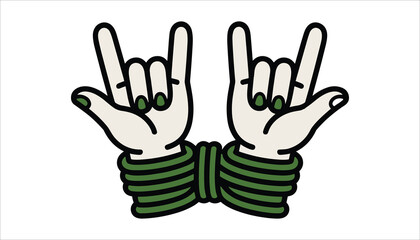 Two hands making rock on gesture with green striped cuffs and green painted fingernails rock and roll