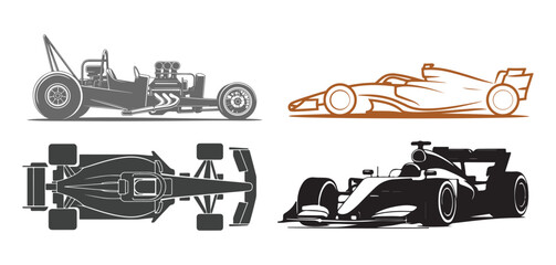 Racing Car Vector Illustrations – Formula 1, Dragster, and Speed Car Designs for Graphic Art and Logos.