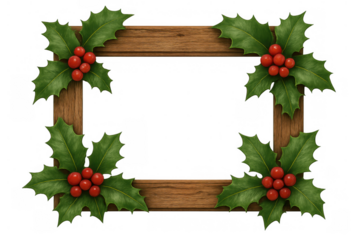 Wooden frame with holly leaves and red berries creating a festive christmas holiday border on transparent background