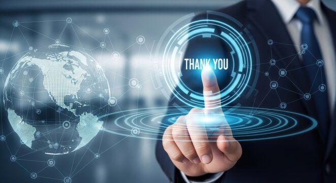 Global Business Connection: Businessman Using Touchscreen with Thank You Message