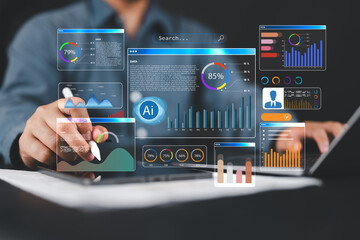 An analyst uses computer laptop and dashboard for data business analysis and Data Management System with KPI and metrics connected to the database for technology finance, operations, sales, marketing