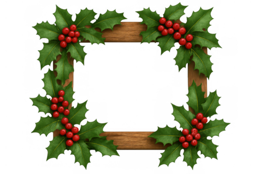 Christmas wooden frame with holly berries and green leaves, festive holiday greeting border on transparent background