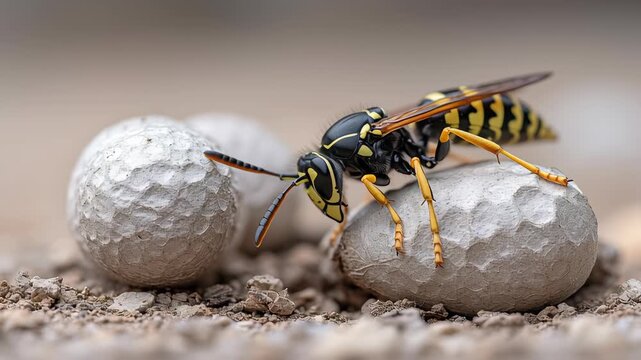 Wasp insect macro on ground near nest egg, detailed closeup of yellow black body and natural habitat