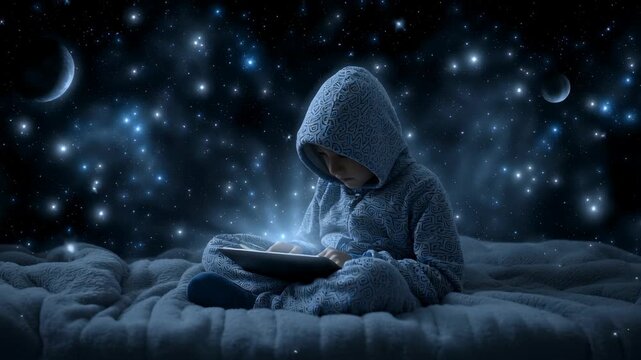 Child hooded pajamas bed with tablet dreamy night sky stars crescent moon magical atmosphere