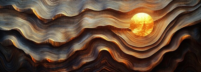 Abstract wooden landscape with golden sphere illuminates the surreal formations at kam's surreal wooden structures