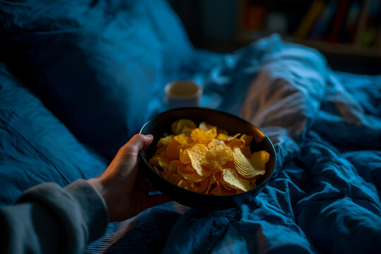 Cozy person relaxing in bed at night eating potato chips from a bowl