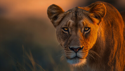 Majestic lioness portrait illuminated by golden hour sunset light in savanna