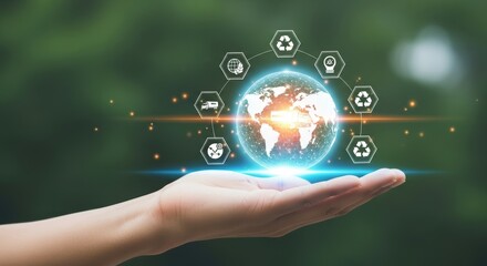 Hand holding glowing digital earth globe with recycling and sustainability icons against green nature background