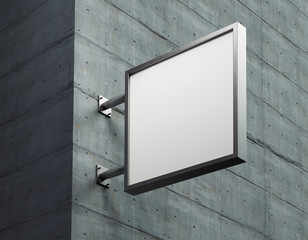 A contemporary, blank rectangular business sign with a metallic frame, projecting horizontally and firmly attached to a rough, raw gray concrete building exterior or industrial wall.