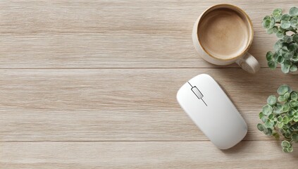 Light beige wooden desk, wireless mouse, coffee cup, small plant