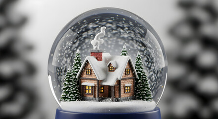 Snow globe with cozy winter house christmas scene