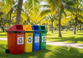 Colorful Recycling Station in Tropical Park