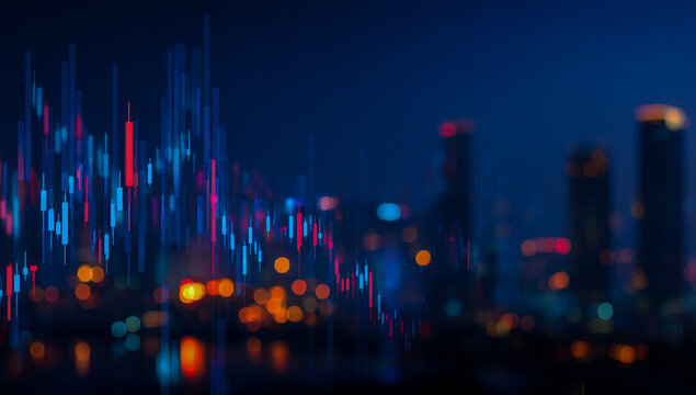 Abstract glowing digital stock market trading chart with city skyline at night