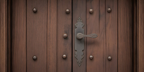Fototapeta premium Old wooden door with vintage metal handle and weathered texture