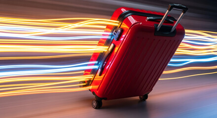 Red suitcase moving with speed and data streams