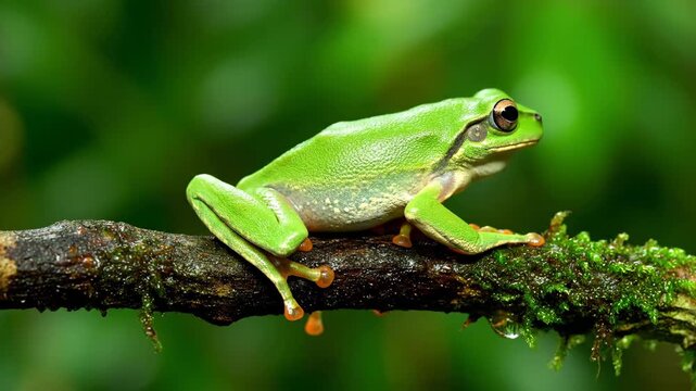Vibrant Green Tree Frog Perched on a Mossy Branch in a Lush Forest Environment.