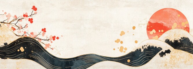 Japanese traditional gold kam textile pattern design with plum blossoms and rising sun