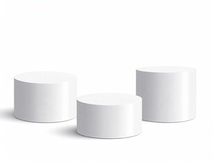 Three white cylindrical pedestals on a white background