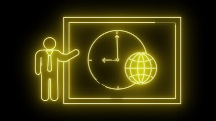 Illuminated neon outlines of a man clock globe  screen glow against a dark background - Powered by Adobe