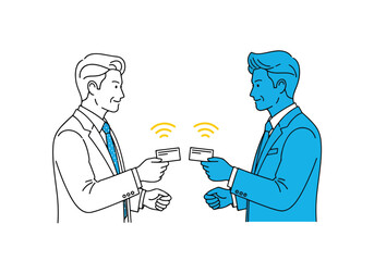 Two businessmen exchanging business cards communication networking professional handshake corporate meeting - Flat Vector Illustration. Colored vector illustration