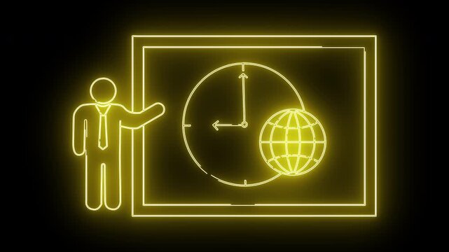 Illuminated neon outlines of a man clock globe  screen glow against a dark background - Powered by Adobe