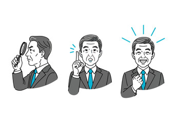 Businessman emotions gestures three poses magnifying glass idea happy expression - Flat Vector Illustration. Colored vector illustration