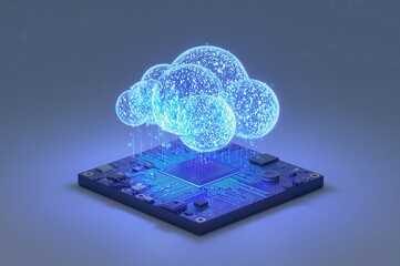 Glowing cloud formation above a blue circuit board representing cloud computing technology concept