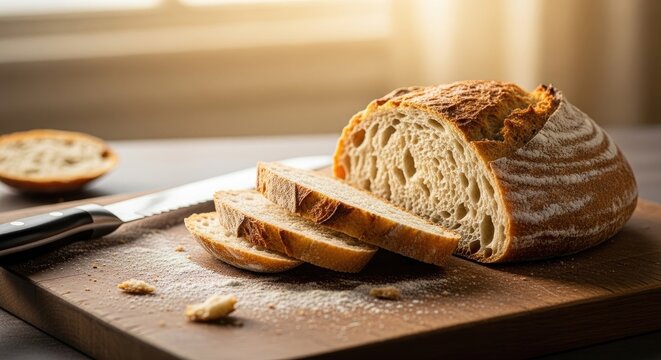 A loaf of sliced bread on a wooden cutting board with a knife, with a window in the background.
