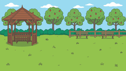 A gazebo and benches in a serene park setting with trees and grass