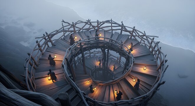 The Lantern Climb: Spiral Staircase into the Mist