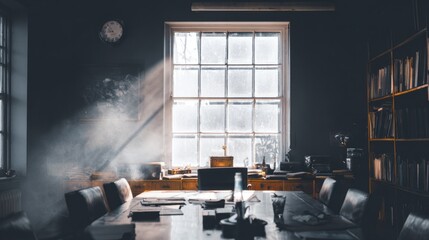 bygone. Dimly lit vintage room with arranged collections and soft window light creating nostalgic atmosphere. lifestyle magazines.
