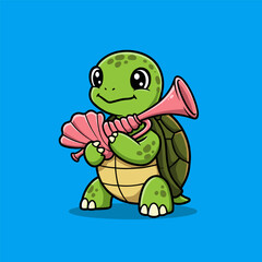 Cute baby turtle character holding a pink conch shell trumpet illustration on a blue background.
